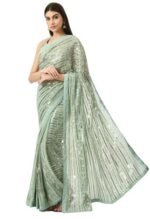 Women's Pre-Stitched Golden Striped Splendor Ready To Wear Georgette Saree with Blouse (Customize Available)
