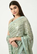 Women's Pre-Stitched Golden Striped Splendor Ready To Wear Georgette Saree with Blouse (Customize Available) - Image 3