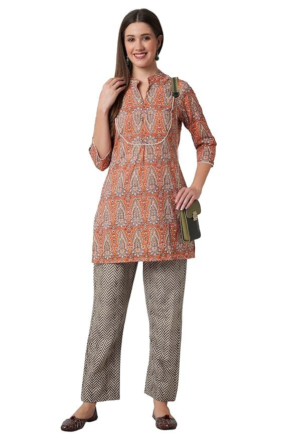 81vzeInwPFL._SY879_ Women's Cotton Short Kurta with Pants - (Orange) - Image 1