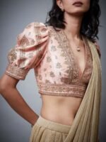 Peach & Gold Satnam Embroidered Draped Saree With Stitched Blouse - Image 4
