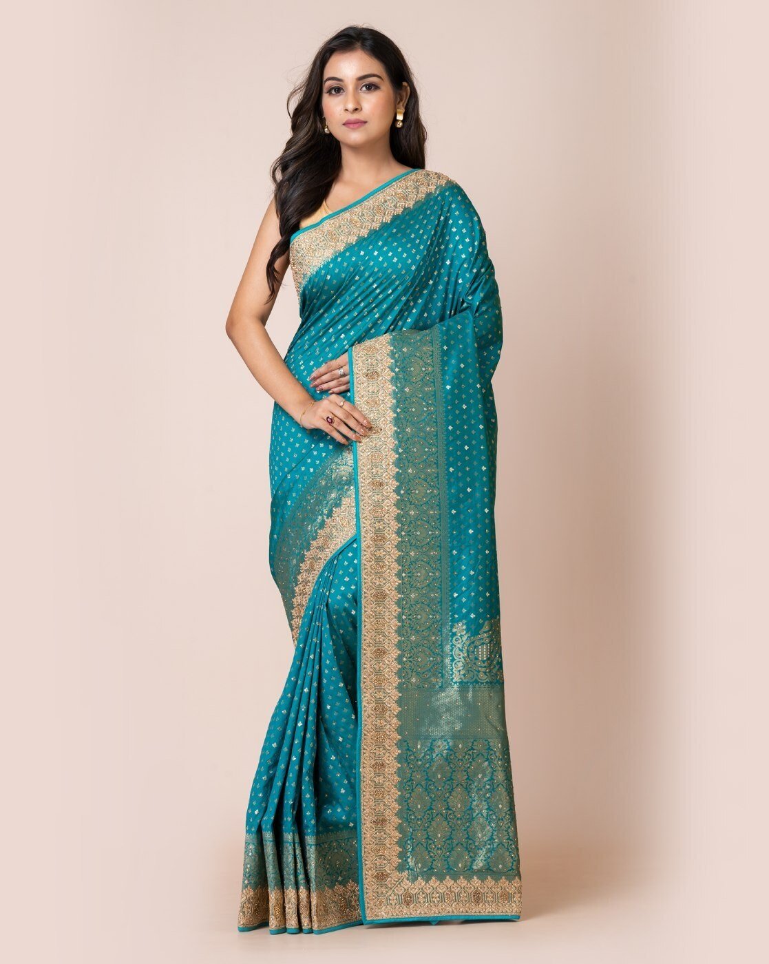 -1117Wx1400H-700063662-green-MODEL Women Zari Woven Saree with Embroidered Border - Image 1